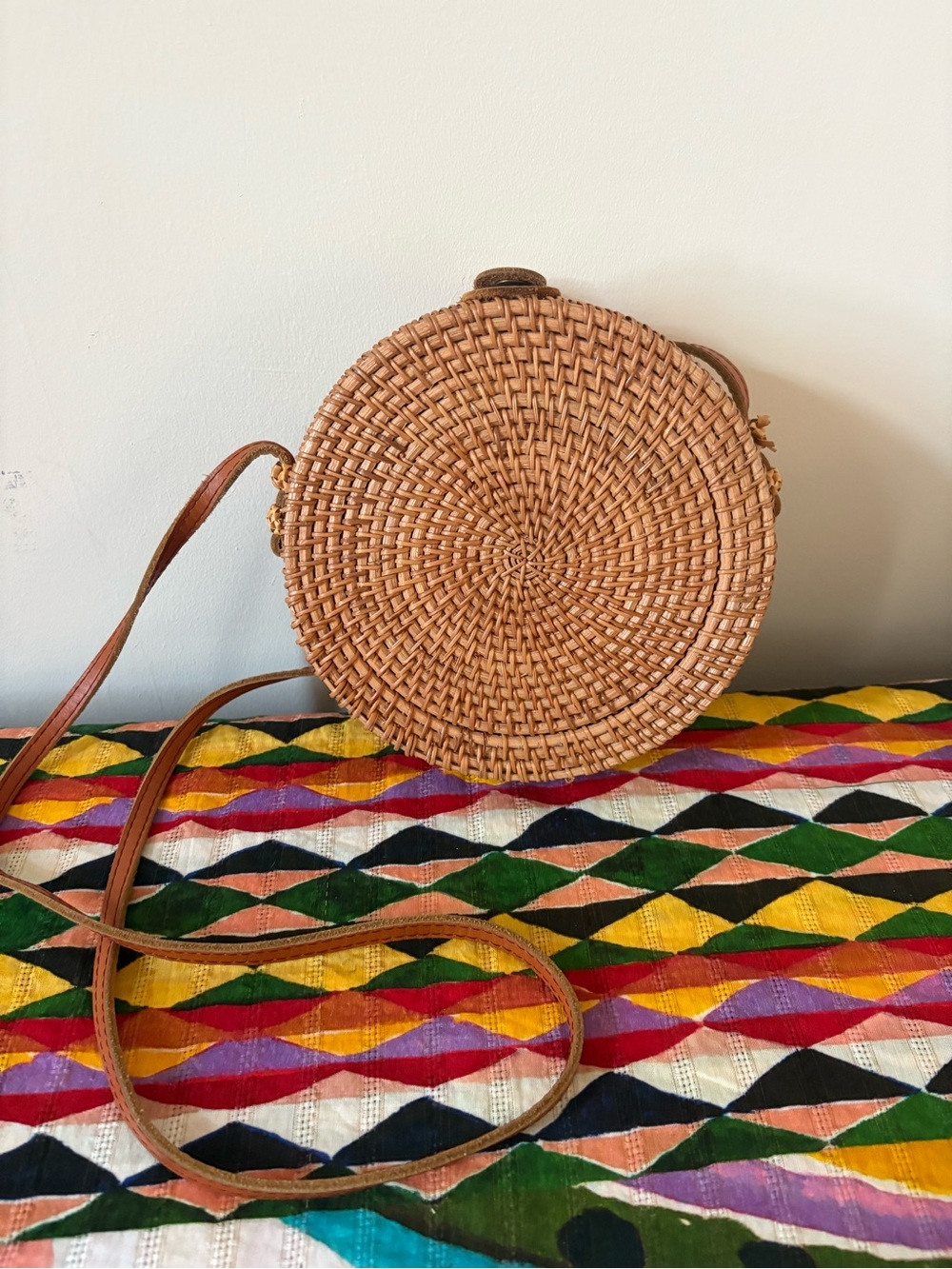 Handwoven Round Straw Crossbody Bag - Natural Brown